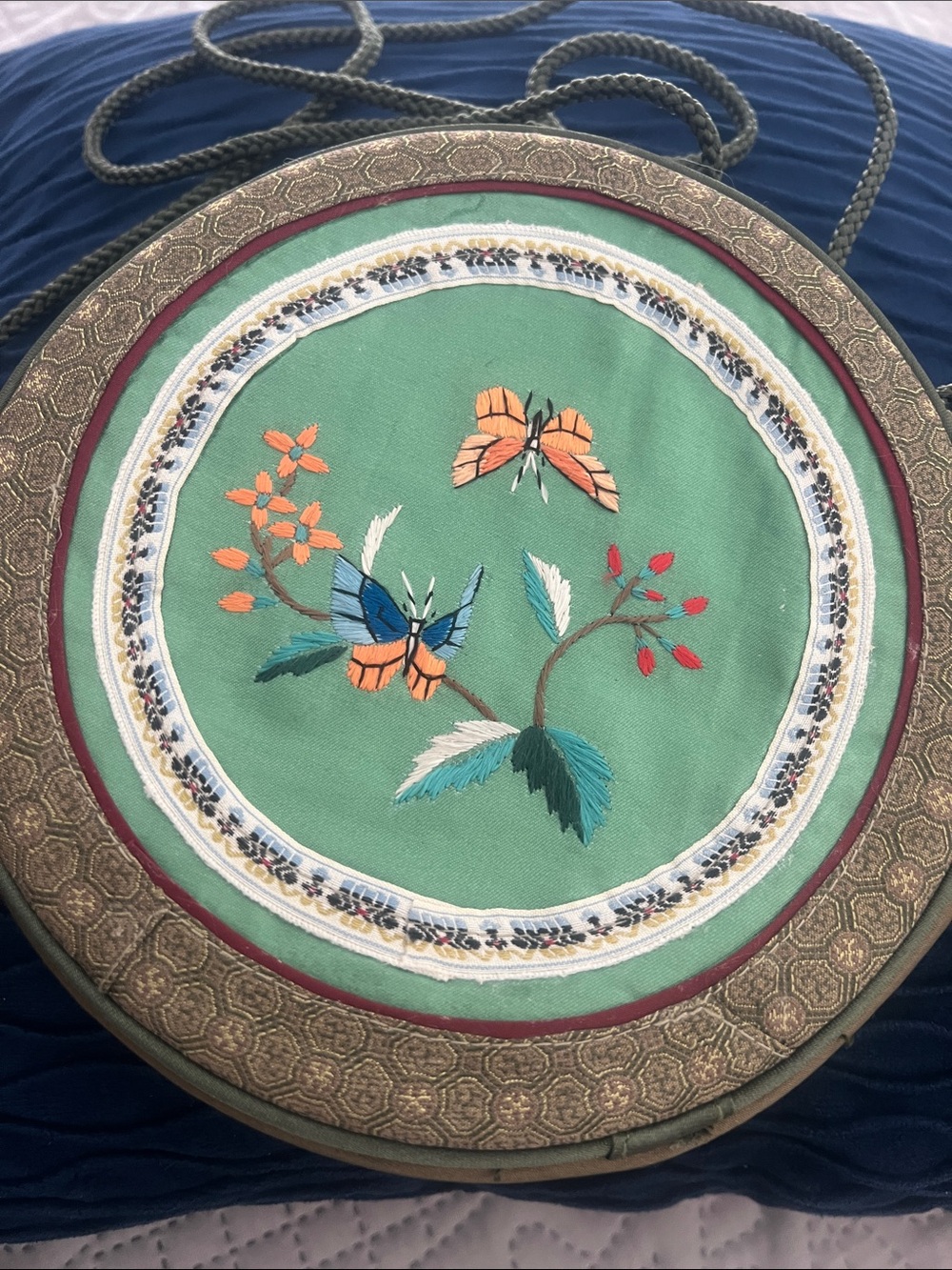 Round Embroidered Bird Crossbody Bag - Green with Blue & Orange Accents